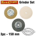 BENCH GRINDER SET 150MM 3PCE 1 x WIRE 1 x BUFF 1 x NYLON WHEEL